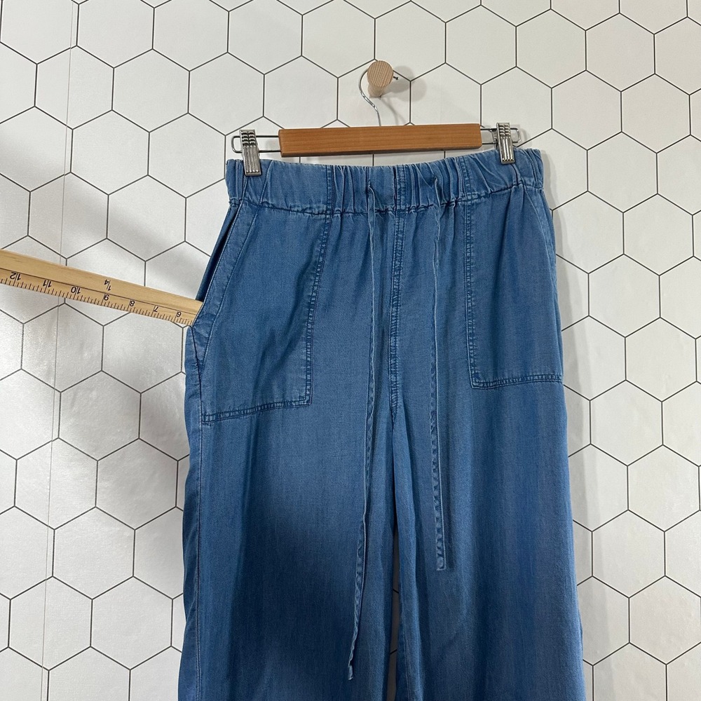Thread & Supply Blue Lyocell Wide Leg Cropped Pants Medium Drawstring Elastic - Picture 4 of 9
